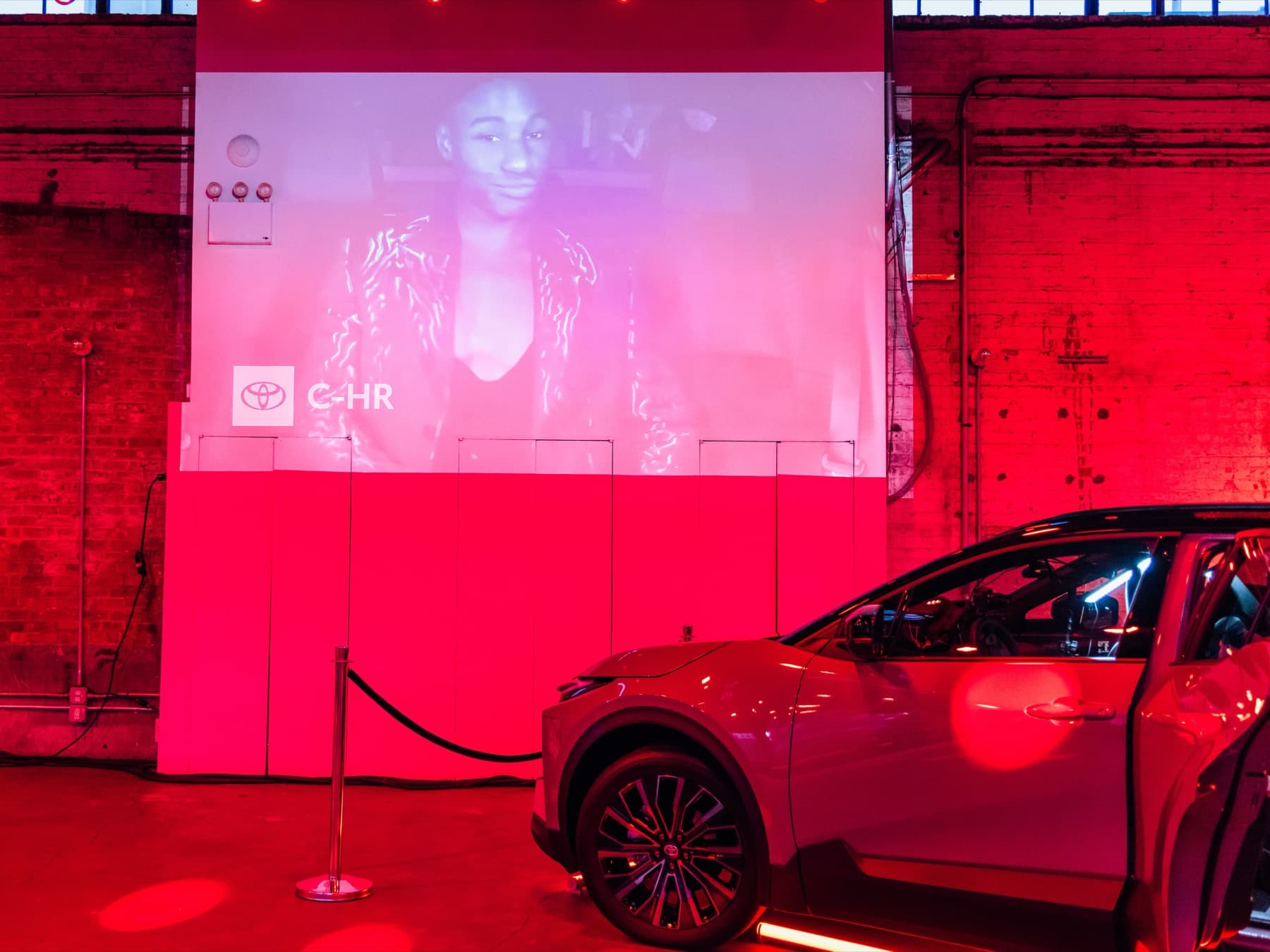 The in-car camera feed livestreamed and projected on the venue wall at the Hypebeast × Toyota C-HR NYFW party.